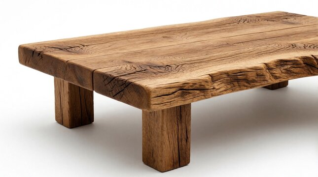 Rustic wooden table with thick legs and textured surface. Simple, natural furniture piece. Solid timber design on plain background. Old, raw wood.