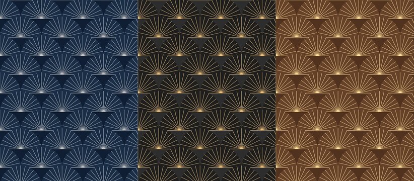 Art Deco style seamless patterns in blue, gold, and bronze, featuring geometric fan shapes and shimmering light effects.