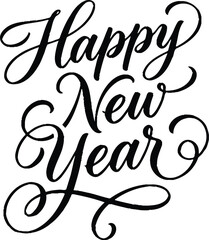 Fototapeta premium Elegant Happy New Year calligraphy, black cursive holiday lettering, decorative script typography for seasonal greeting cards and party invitations