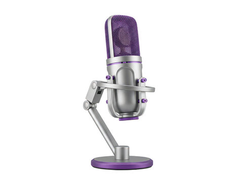 Purple condenser microphone on a silver stand for professional audio recording and podcasting