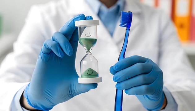 Dentist holding hourglass and toothbrush for dental hygiene and brushing time education