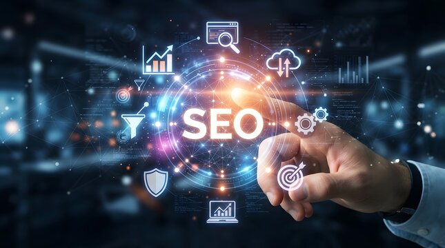 A professional businessman interacting with a futuristic holography seo interface displaying digital marketing analytics and search engine optimization icons in a modern dark virtual environment