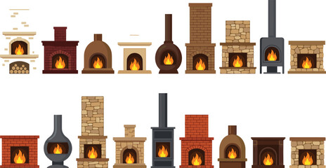 Fototapeta premium Diverse fireplace icon set featuring indoor fireplaces, fire pits, home heating, chimney designs and cozy interior symbols vector illustration