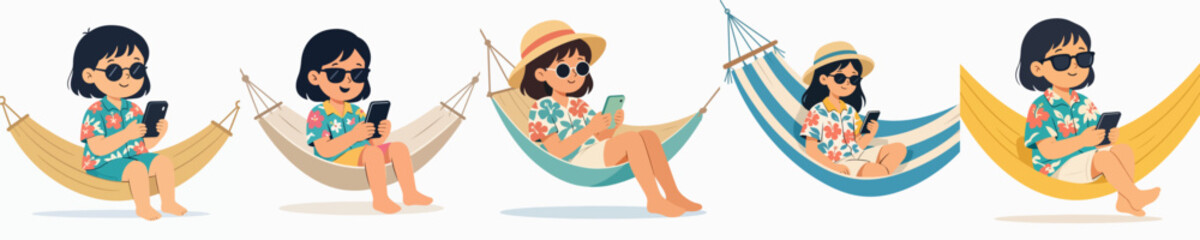 Flat vector illustration of a little girl relaxing in a hammock on the beach, using his phone during summer.