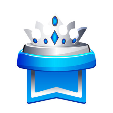 Silver game rank badge with blue ribbon and crown isolated on transparent background