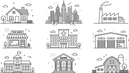 Obraz premium City buildings real estate and architectural property line icon set featuring house skyscraper shop factory bank and farm