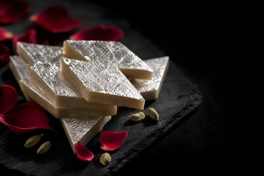 Traditional Indian Kaju Katli Sweets with Silver Leaf and Rose Petals on Black Slate Background