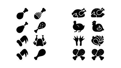 Obraz premium Collection of black silhouette featuring various cuts of poultry, whole chickens, and chicken legs on a white background