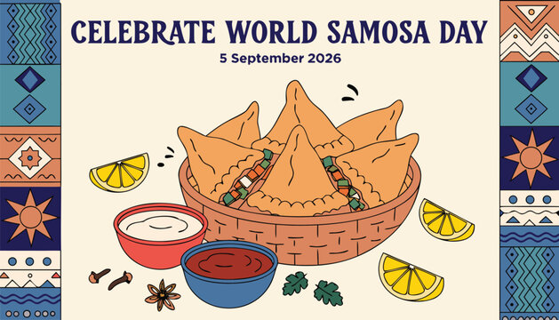 Golden fried samosas served with fresh chutney for world samosa day