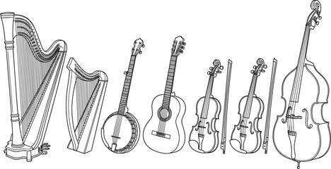 Classical string instrument vector set containing concert harp lyre banjo acoustic guitar violins with bows and double bass © MstHusna