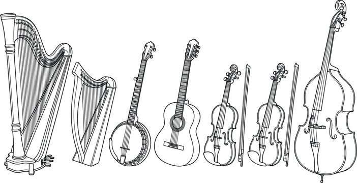 Classical string instrument vector set containing concert harp lyre banjo acoustic guitar violins with bows and double bass