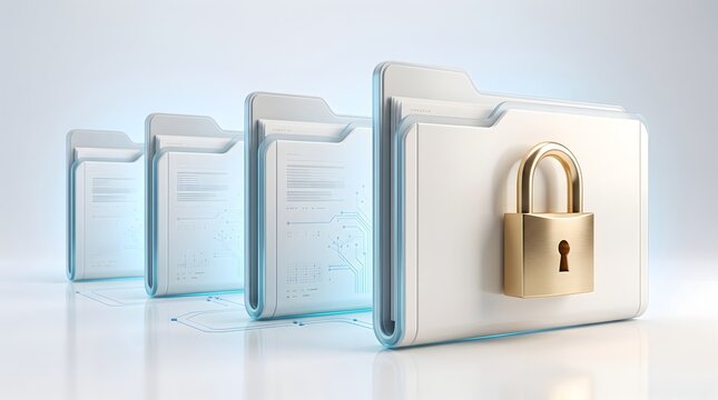 Row of white digital file folders with printed circuit patterns and golden padlock. Concept of confidential data protection and digital archiving.