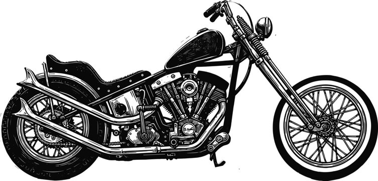 Vintage custom chopper motorcycle side view vector illustration with classic chrome engine details on isolated white background