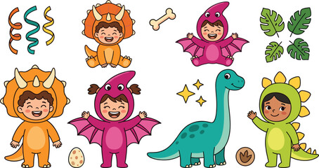 Cute Kids in Dinosaur Costumes Character Set with Toddlers Wearing Triceratops Pterodactyl and Stegosaurus Suits for Birthday Party Graphic Vector Illustrations © Abul