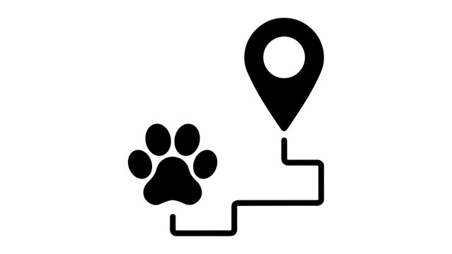 Black silhouette of a paw print connected by a path line to a map location pin on a white background