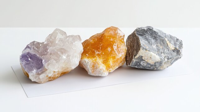 Natural crystals display unique colors and textures, showcasing beauty of geology and mineral diversity