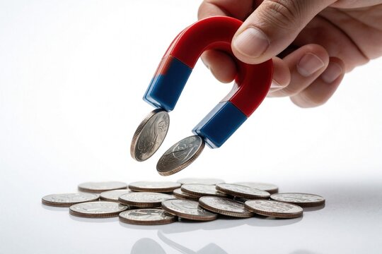 Hand holds red, blue magnet attracting silver coins from white surface. Business concept showing wealth attraction, financial success. Person pulls money towards magnet to represent investment