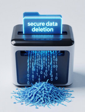 Digital folder enters paper shredder for secure data deletion. Blue binary code strips fall into pile from machine. Concept of cyber security, information privacy, destroying confidential files on