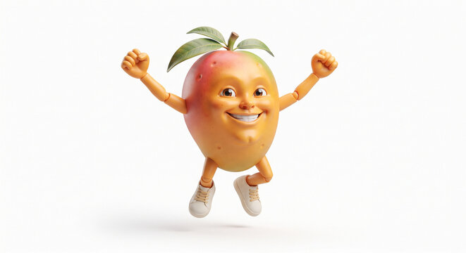 Cute 3D cartoon mango character with green leaves jumping with joyful expression
