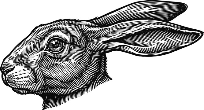 Detailed vintage woodcut engraving style wild hare rabbit head profile portrait with textured fur lines vector