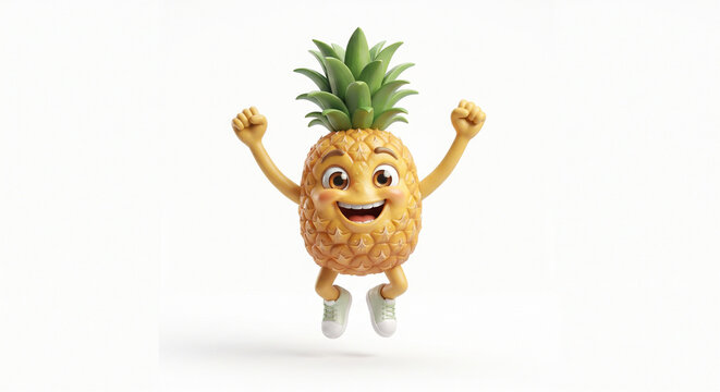Cute 3D cartoon pineapple character jumping with excitement and arms raised