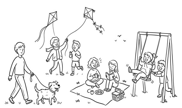  Happy Children and Family Having Fun in Park Coloring Book Page Vector Illustration with Kids Flying Kites Swing and Walking Dog