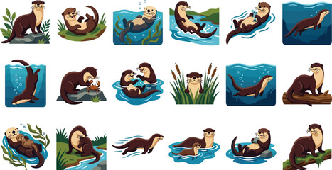 Fototapeta premium Adorable collection of sea otter illustrations in flat vector style showing playful poses and aquatic lifestyles