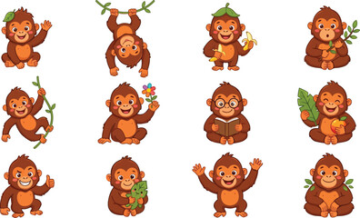 Adorable little monkey character set in diverse cute poses and daily life activities vector illustration pack