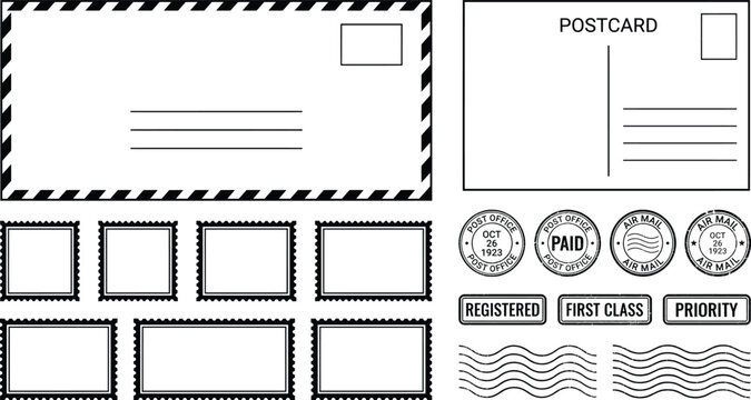 Vintage postal mail set with airmail envelope and postcard. Retro postage stamps and rubber stamp marks. Minimalist black and white vector mail elements.