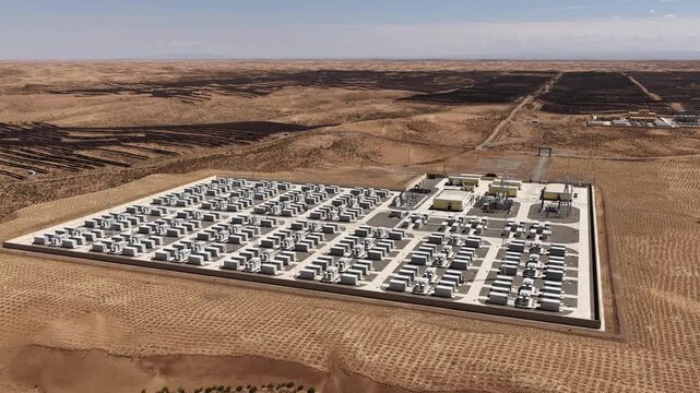 Aerial View of Utility-Scale Battery Energy Storage System and Substation in Arid Northwest China Desert