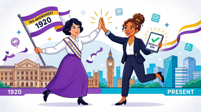 Suffragette and Modern Woman High Five for Women's Equality Day and the 19th Amendment