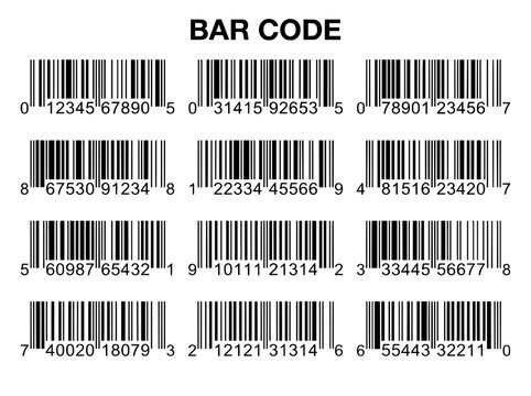 Universal bar code set with 12 unique UPC icons. Black retail barcode collection for product packaging. Digital scanning symbols for commerce.