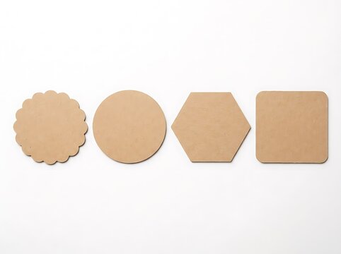Four blank cardboard coasters in various geometric shapes on white background