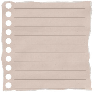 Beige lined paper with a torn edge. Left side has round holes. Soft texture visible. Suitable for journaling, scrapbooking, note-taking, background elements, and creative craft design projects.