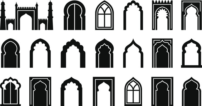 Islamic architectural shape icon set featuring mosque arches, geometric patterns, traditional ornament and Islamic design elements vector illustration