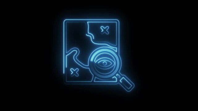 Neon blue map icon with magnifying glass and eye symbol searching for treasure or destination on