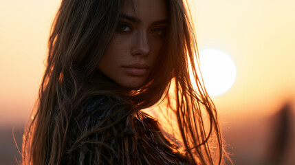 Fototapeta premium beautiful woman in warm evening light, elegant female portrait glowing in golden sunlight, radiant woman outdoors during sunset