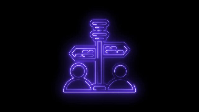 Neon purple signpost with directional arrows and two person icons symbolizing choice decision