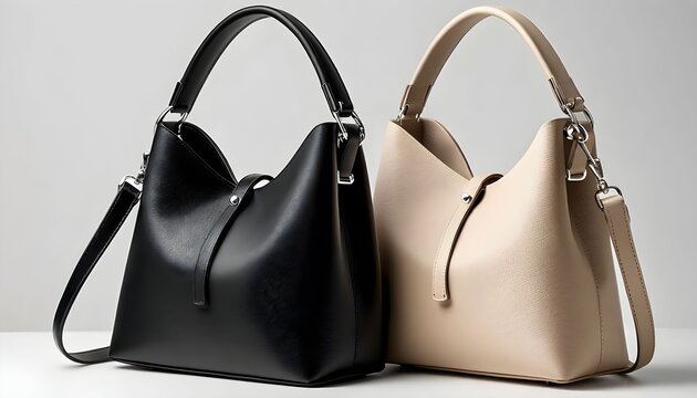 Elegant leather handbags in black and beige on a minimalist background