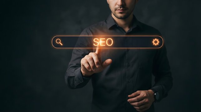 A professional businessman interacting with a futuristic digital interface featuring holography seo concepts to optimize website search engine rankings and improve online visibility for businesses