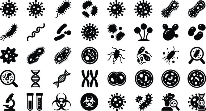 Microorganism Icon Vector Set Featuring Bacteria, Viruses, Germs, DNA, Laboratory, Cell Biology, Infection and Scientific Research Symbols