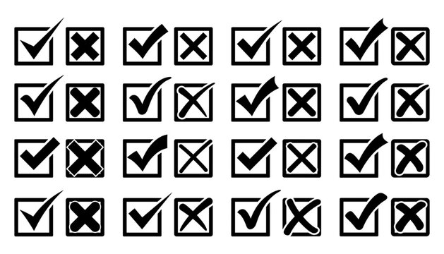 Large vector set of black check mark ticks and cross x symbols with various stroke styles inside square checkboxes isolated on white background for questionnaire forms user choice list and quiz task s