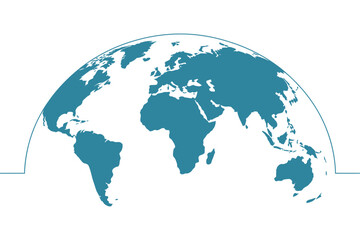 Fototapeta premium World Map, curved blue globe silhouette, worldwide continents, international business, geography, travel, and global connectivity symbols, vector illustration for infographics. 