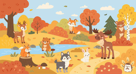 Vector illustrations of  woodland animals in an autumn forest with fox, deer, bear, moose, wolf, squirrel, rabbit, hedgehog and beaver. Perfect for nursery decor, kids prints, books and classroom 