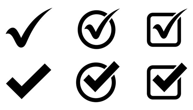 Black check mark tick icon collection with thin elegant curves and thick bold geometric shapes inside circle and square checkboxes isolated on white background