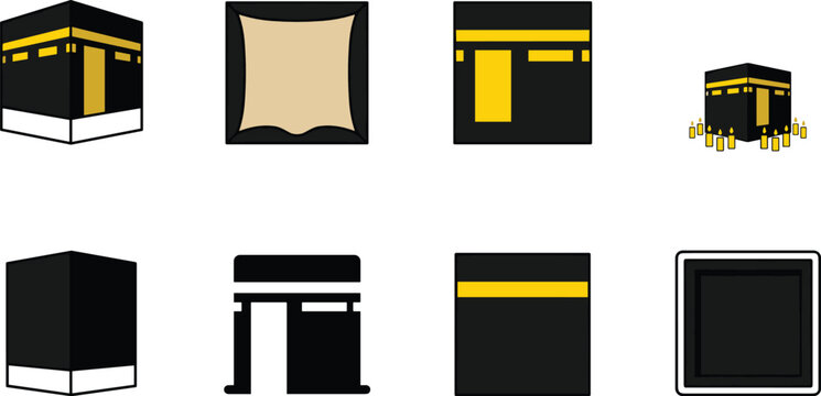 Minimalist Kaaba illustration set featuring Islamic holy sanctuary, Hajj, Umrah, pilgrimage and sacred mosque symbols vector collection