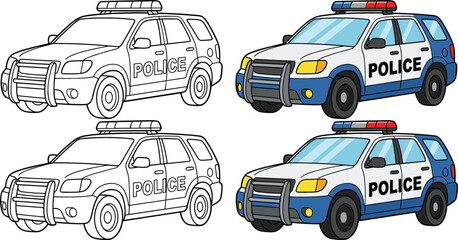 Police SUV Patrol Vehicle Collection with Coloring Page and Colored Law Enforcement Emergency Cars Vector Set © Sajjat