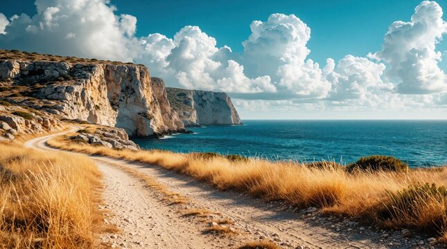 Winding dirt road leads toward massive limestone cliffs along blue ocean coast. Golden dry grass covers hills under bright sky with fluffy white clouds. Scenic coastal landscape offers peaceful view