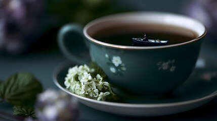 Fototapeta premium A miniature boat floats peacefully inside a ceramic teacup adorned with floral patterns and surrounded by fresh blossoms