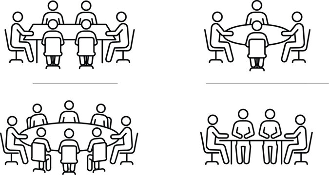 Business conference room table line icon set for corporate office meeting seminar workshop presentation training plan layout